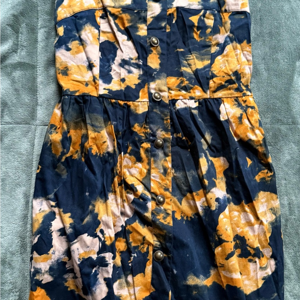 Apollo Navy and Yellow Tie-Dye Mini Dress with Adjustable Straps Women’s Size S
